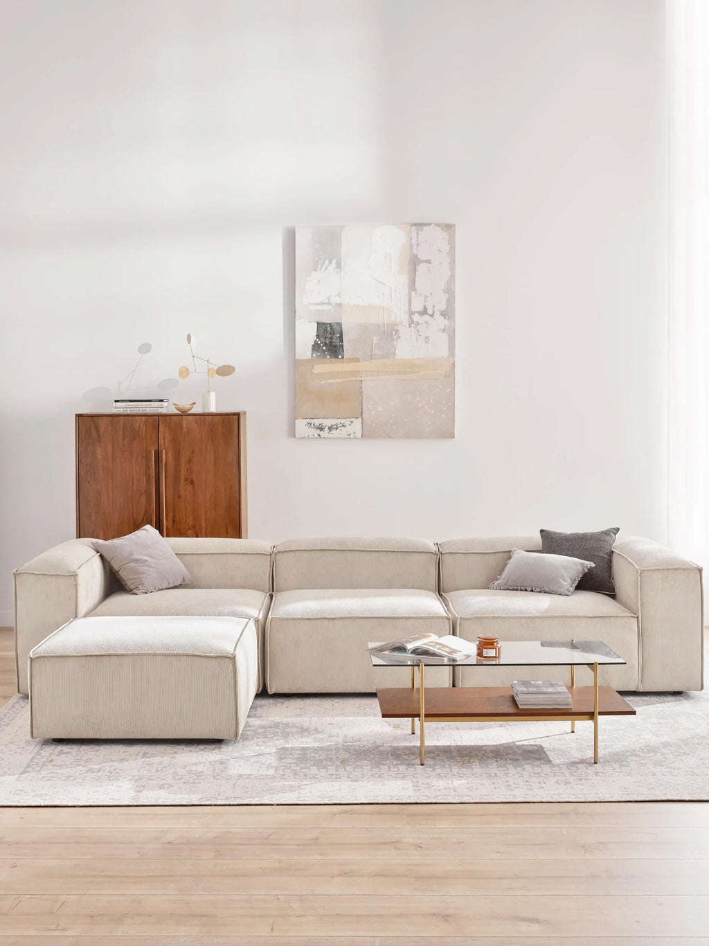 Canapé velours côtelé 4 places avec pouf VIYA